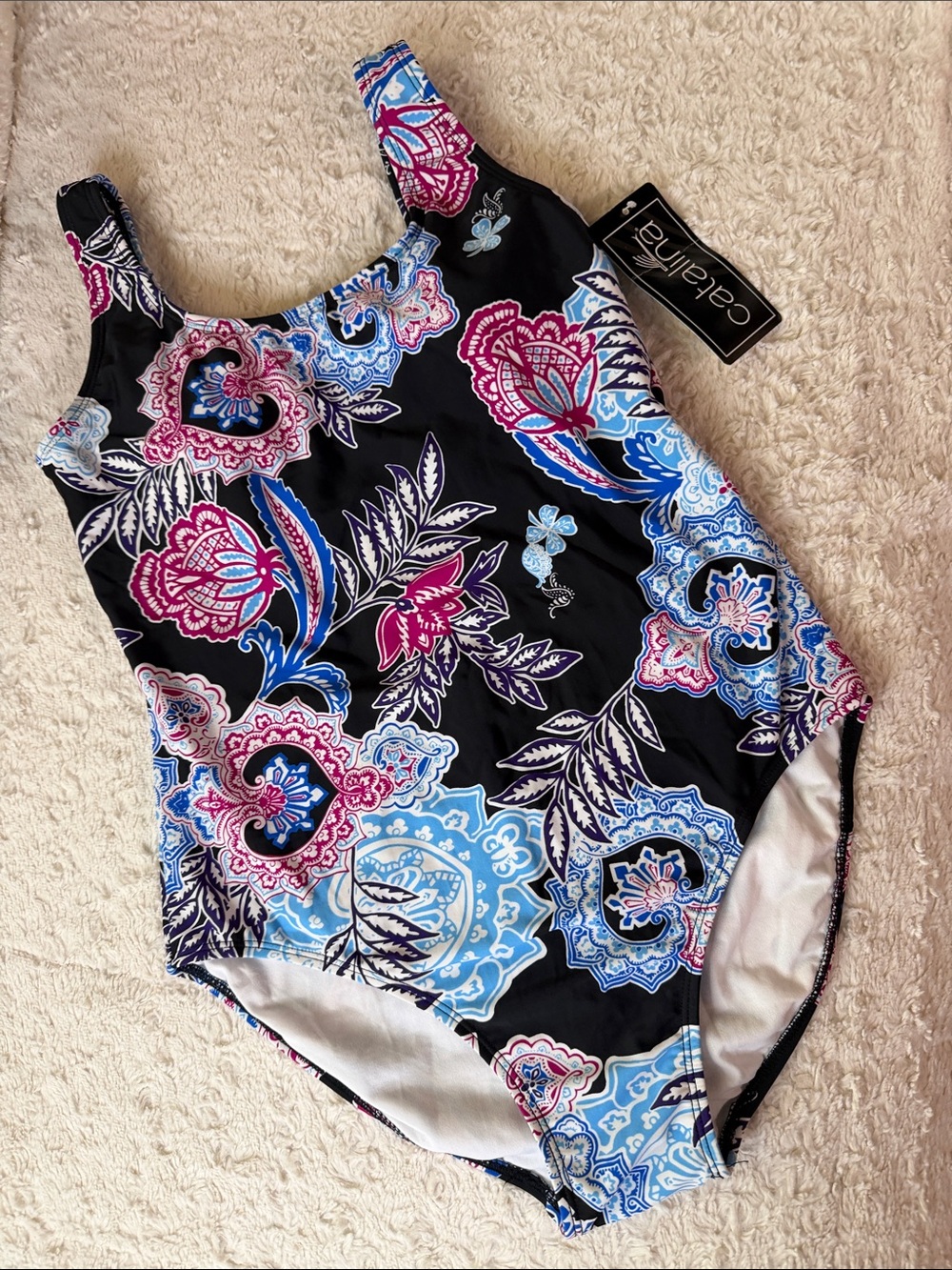 Catalina Black One-Piece Swimsuit Tank with Pink and Blue Floral Print L 12/14